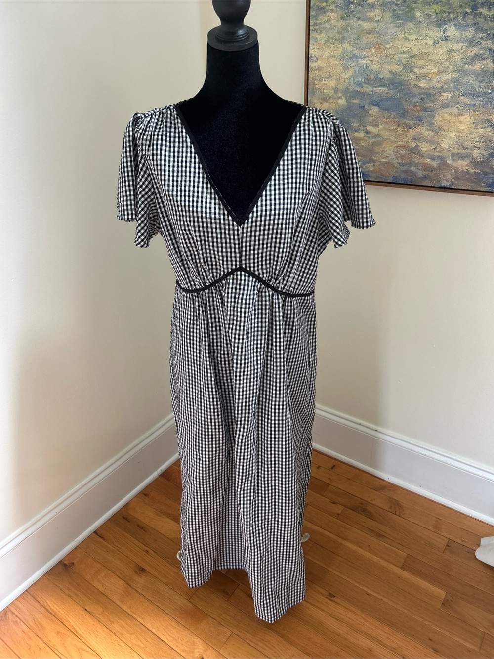 Loft Women Maxi Dress 14P Black Gingham V Neck Flutter Sleeve cottage core